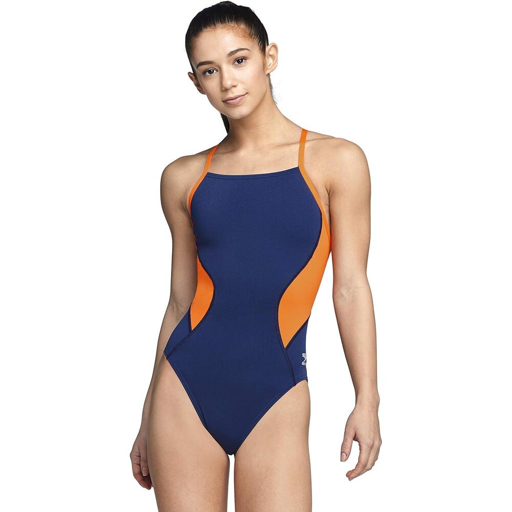 Speedo Swimsuit 1 Piece Blue & Orange Endurance Cross Back Solid Women's size 10